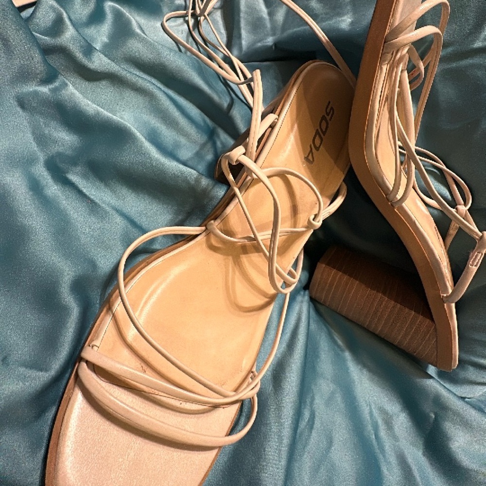 Heels that wrap around the calves. Size 10 in woman’s.